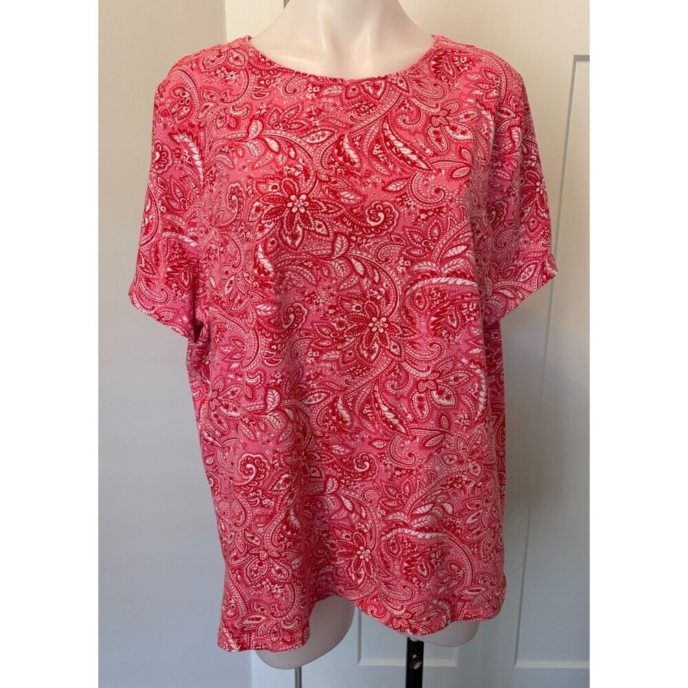 TALBOTS Tee Womens Knit TOP Short Sleeve PINK Red PAISLEY Size 3X